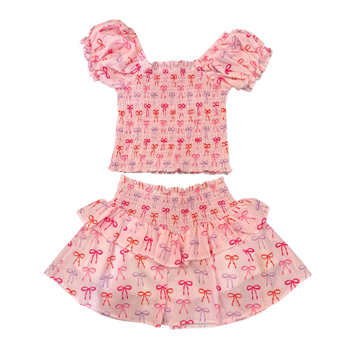 Bow Print Smocked Top and Skirt Set