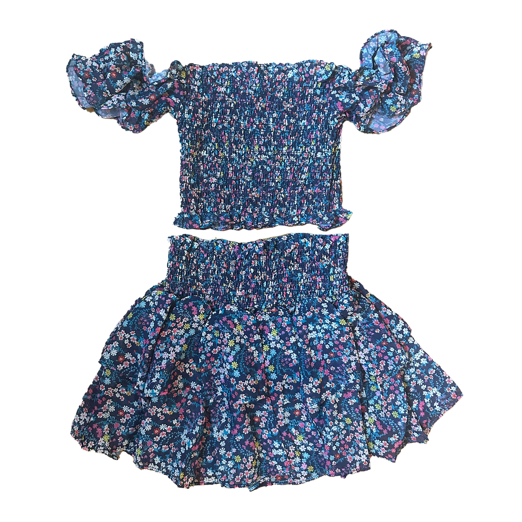 Multi Color Ditsy Print Smocked Top and Skirt Set