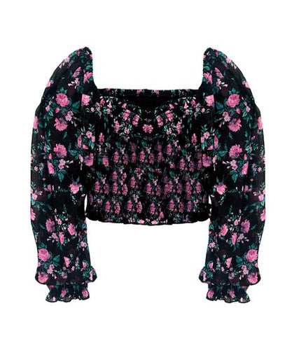 Chloe Top - Junior - Black Winter Floral Pink
