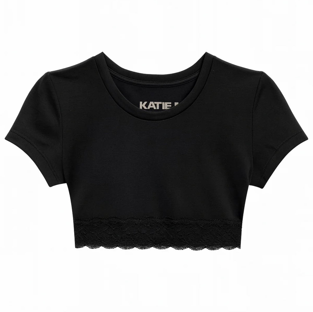 Lindsay Cropped Lace Trim Tee - Junior