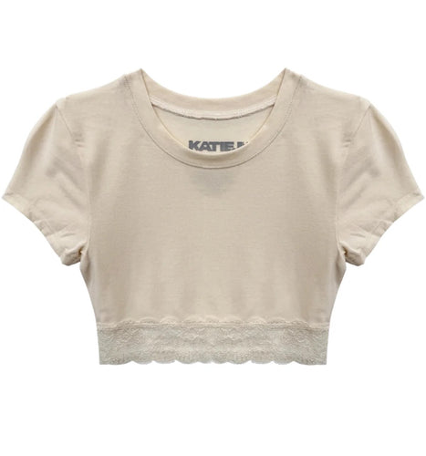 Lindsay Cropped Lace Trim Tee - Junior