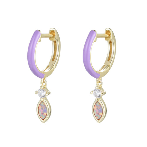 Enamel Opal Huggie Earrings - Lavender Opal