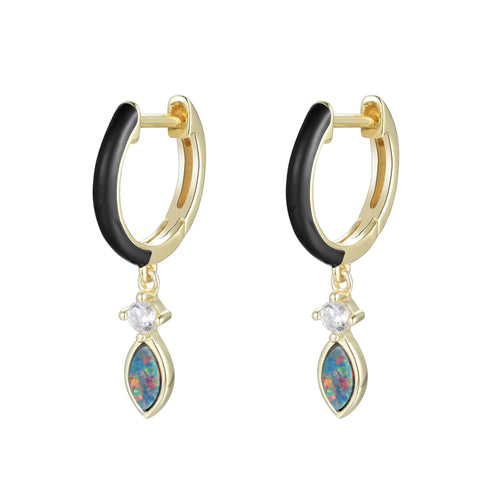 Enamel Opal Huggie Earrings - Black Opal