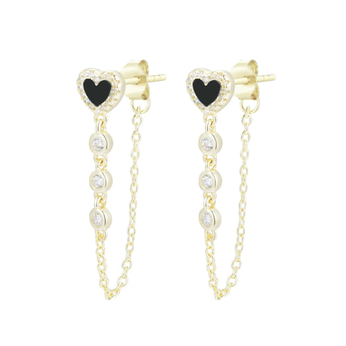 Heart Chain Stud Earrings - Black Onyx