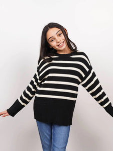 Willow Stripe Crewneck Sweater - Black / Ivory - S
