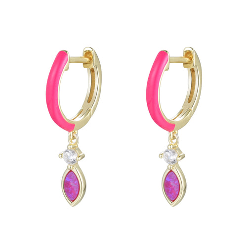 Enamel Opal Huggie Earrings - Pink Opal