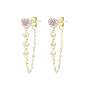 Heart Chain Stud Earrings with Crystals - Pink